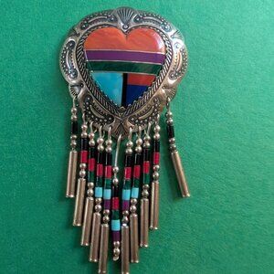 Vintage Carolyn Pollack Multi Stone inlaid Southwestwen Heart Brooch dangle